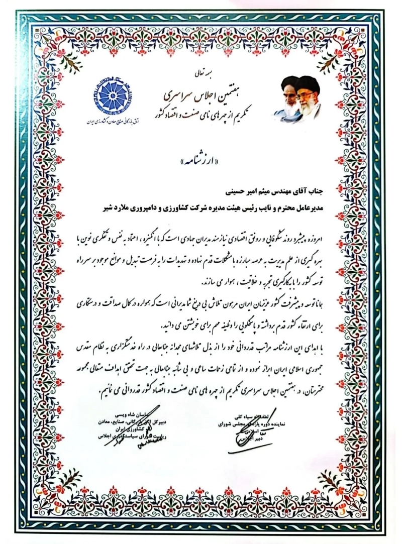 لوح تقدیر برای میثم امیرحسینی چهره نامی صنعت 654654120